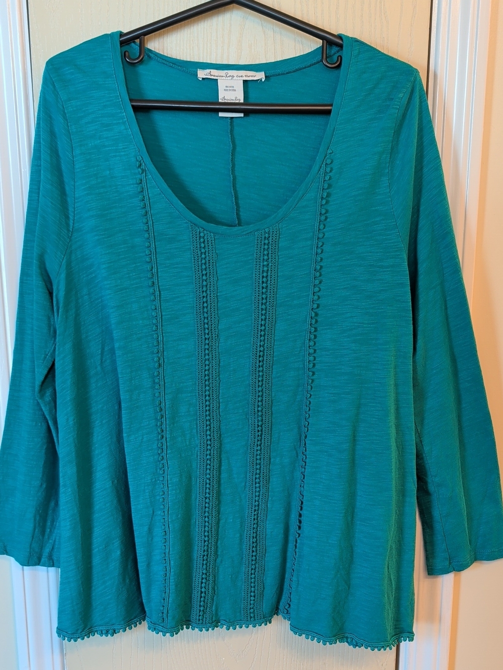 American Rag Cie Crochet Trim Scoop Neck Long Sleeve Top – Teal – Size 1X | Boho